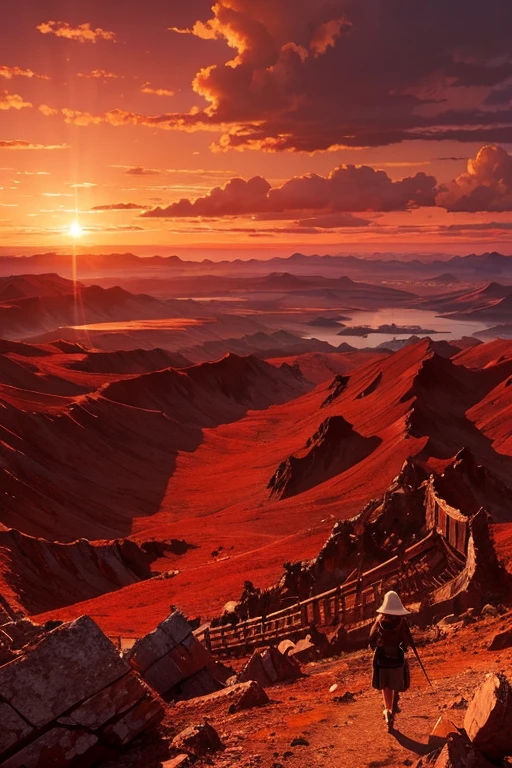 Highest quality、masterpiece、Desolate Earth、wreckage、Red Sky、Surrealism