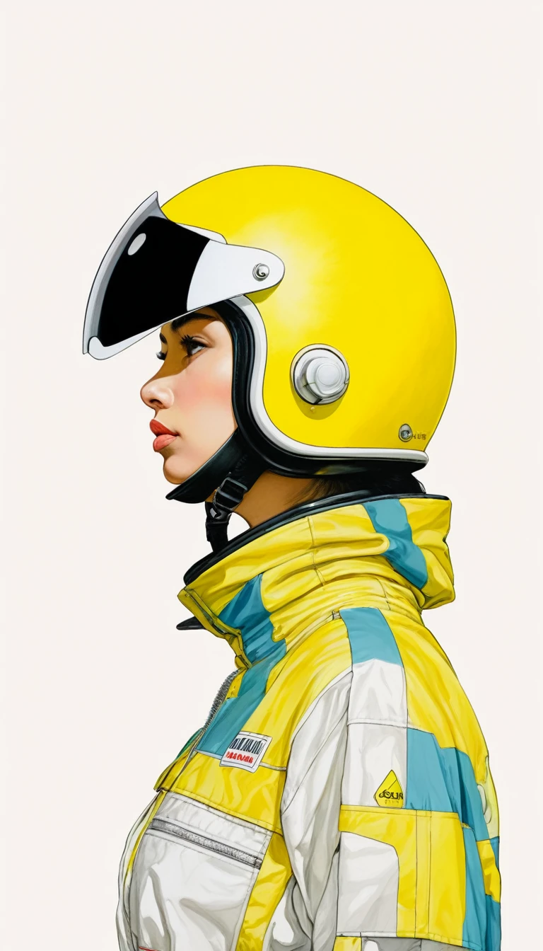 Minimalist, Art, Painting, Illustration, Ultra high details, 1990s vibes、Lemon-shaped helmet、