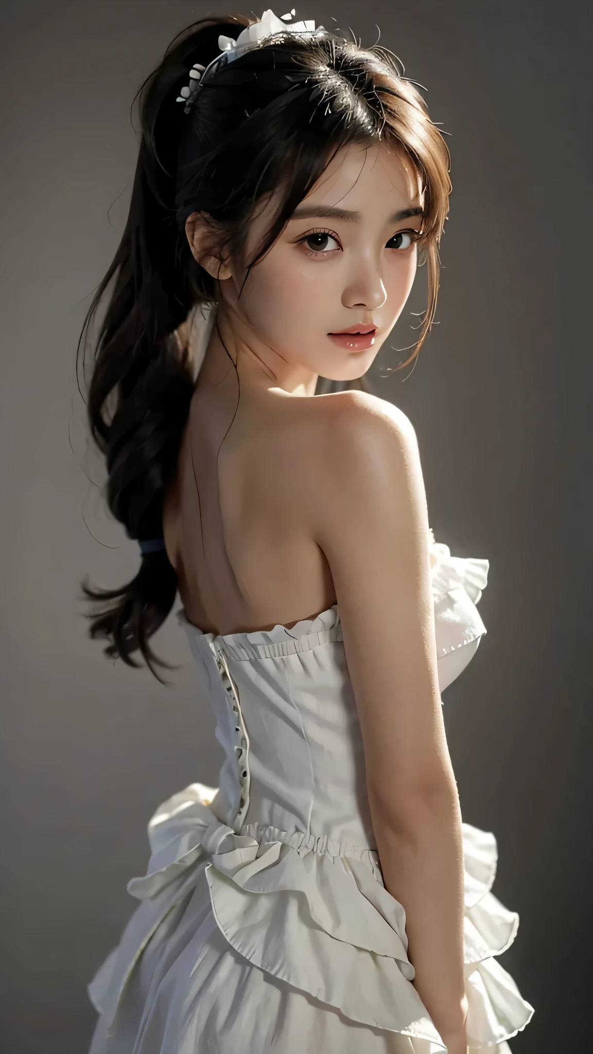 full body,Standing,Singing,Orange Sleeveless Dress Style,Frilly dress,ruffled edges, layered,Accessories: Flower hairpiece, ribbon, fitted body,Commercials for luxury cosmetics style,Commercial filming studio,The background is all gray,Body in front,fully body photo,masutepiece, The highest image quality, High quality, the background is clear,Beautiful woman, Japanese, Detailed, Ultra-detailed, finely detail, hight resolution, 8K Wallpaper, Perfect dynamic composition, Beautiful detailed eyes ,Detailed eyes, Detailed skin, Beautiful skin, 超hight resolution, (reality: 1.4),Very beautiful woman, Slightly younger face, Beautiful skin, slender, (Ultra photo realsisim), (hight resolution), (8K), (Very detailed) (beautifully detailed eyes), (super detailed), (Detailed face), view the viewer, Fine details, Detailed face, Staring straight ahead, Staring straight ahead, photos realistic, Bright lighting, Professional Lighting, Black hair,poneyTail,a baby face,,Hairstyle: ponytail,Long ponytail hairstyle,slight smile,