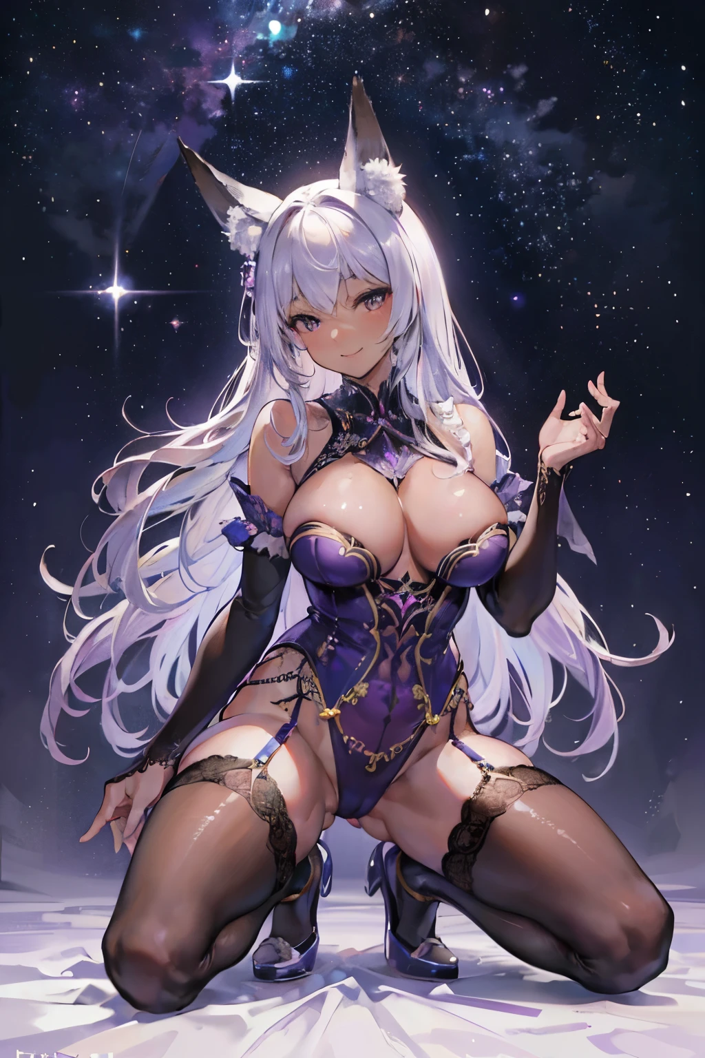 (masterpiece, Highest quality:1.3), (超detailed:1.2), (hyperRealistic:1.3), (RAW Photos:1.2), High-definition RAW color photos, Professional photos, (PhotoRealistic:1.4), (Realistic:1.4), Professional Lighting, Perfect Anatomy, (Big Breasts:1.1), (blush, detailedな顔), (smile:1.5), Flat lighting,elevation,sexy,A beautiful woman with supple curves,((Highest quality)), ((masterpiece)), (detailed),sexy,A beautiful woman with supple curves,((Highest quality)), ((masterpiece)), (detailed), One girl,Silver Hair,Long Hair,Dark Skin,Wearing a purple sleeveless dress,wear purple high heels,Spread your legs,Crouching pose,sit,Starry Sky,cloud,20Old woman,Look away,Purple garter belt on leg,Wearing purple knee-high socks with lace,Fox ears