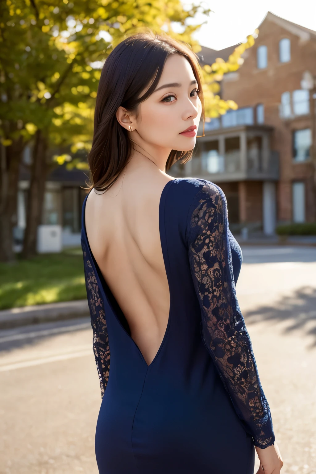 One girl, Mature Woman, photograph, Realistic, Highest quality, Detailed face, Detailed Background, Diffused sunlight, Depth of written boundary, sexy, dress, back