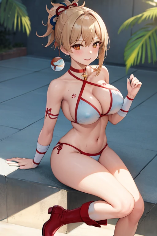 masterpiece, best quality, beautiful art, high resolution, well formed hands, body and fingers, 1 woman, solo, Yoimiya, full body picture, grown up, adult, large and rounded breasted, cleavage, hair ornament, wearing a Tyris Flare outfit , white_bikini, full body, sexy and skimpy bikini, gorgeous hips, legs and thighs bouncing breasts, red boots, doing exercise, warming up, working out, sexy and captivating training, smiling joyfully and happily , looking at the viewer, , sweating , bouncing breasts, bikini thong, training montage session, beach environment