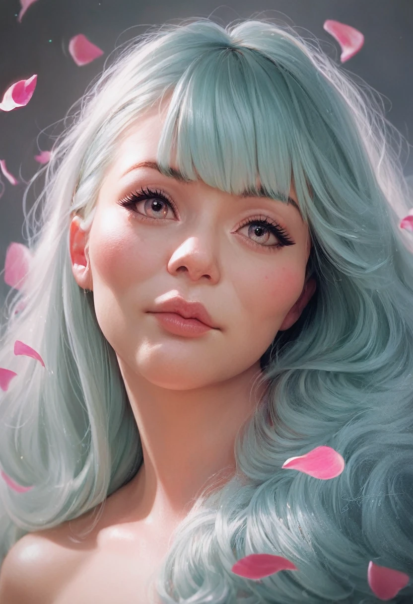 score_9, score_8_up, score_7_up, Girl's profile picture, light green long hair with bangs, light blue petals on cheeks, realistic skin texture, detailed picture, HD32k
