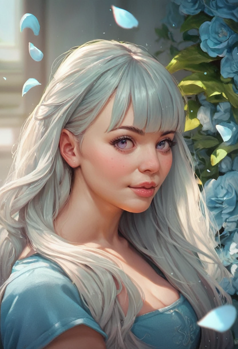 score_9, score_8_up, score_7_up, Girl's profile picture, light green long hair with bangs, light blue petals on cheeks, realistic skin texture, detailed picture, HD32k