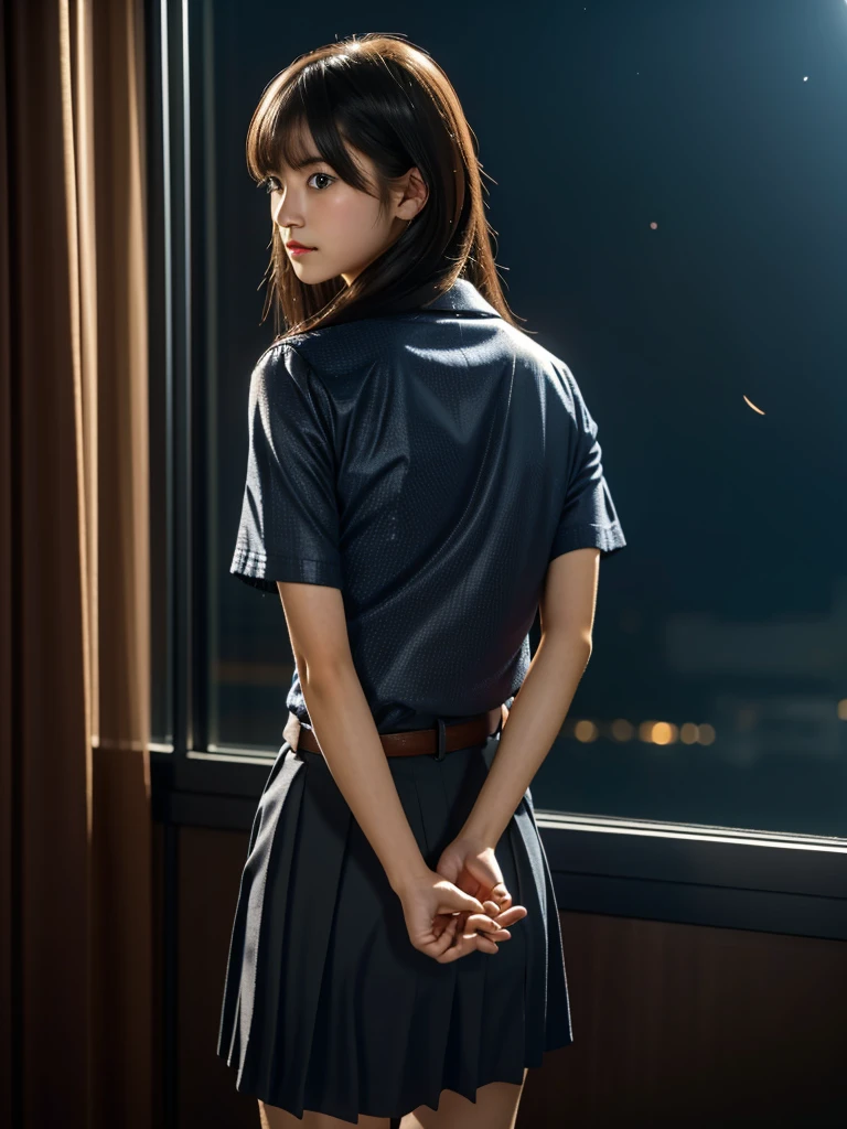 Kidnapped Woman、His hands are tied、((Place your hands behind your back))、((Place your hands together and cross them behind your back))、(((Her wrists are tied with rope)))、shibari、Beauty、20age、university student、(anatomicaly, Has two arms and two hands)、In a hotel room with the lights on、Stand by the window、Outside the window is the night sky、There are many stars、Wearing a short-sleeved blouse、Wear a high school student-style miniskirt、Uniform eyes、Proportioned proportions、Small breasts、Small face、(I can see from head to heel), Black Hair, bangs, swept bangs, Straight hair, Nervous, Messy Hair, Floating hair, Cinema Lighting, tachi-e, First-person view, throw, From behind, F/1.2, Nikon, Surrealism, 超High resolution, Highest quality, High resolution, 8k, Textured skin, anatomicaly正しい体,