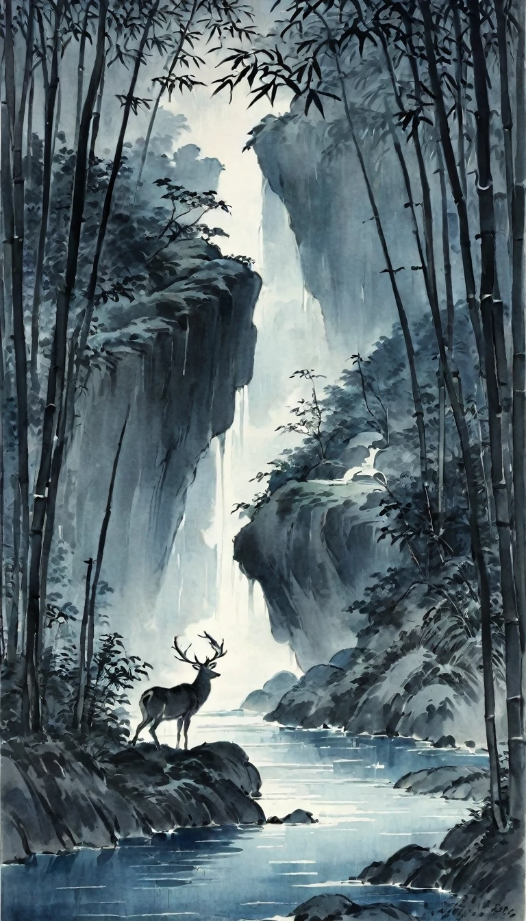Katsushika Hokusai、Black and White、vague、Mont、Ink and watercolor、Calm colors、calligraphy、Ink Painting Ink Painting Drawn with a brush Characters written with a brush bamboo forest,cliff、waterfall、water droplets、Pool、wood々、fish、deer、firefly、Beautiful atmosphere, Darkness of the Night, Quiet evening atmosphere