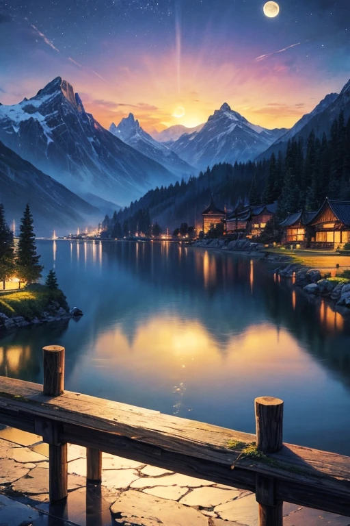 Highest quality、masterpiece、Landscape painting、Moon, Mountains and Lakes、night、Surrealism