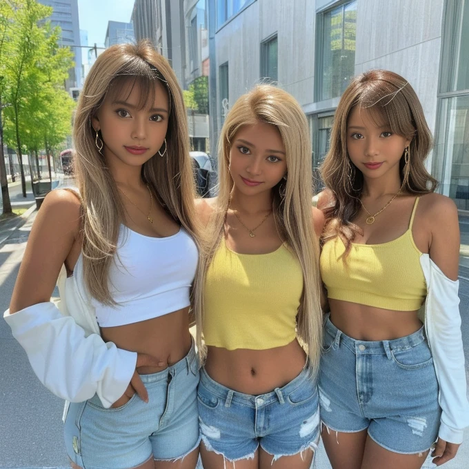 (Highest quality, 4K, 8k, High resolution, masterpiece:1.2), Very detailed, (Realistic, photoRealistic, photo-Realistic:1.37)、Three Japanese women standing on a street corner、((blonde))、Big Breasts、smile、Flashy shirts、Gal Makeup、Belly button piercing、Denim shorts、((Thick gold chain))、Big earrings、Gal style bracelet