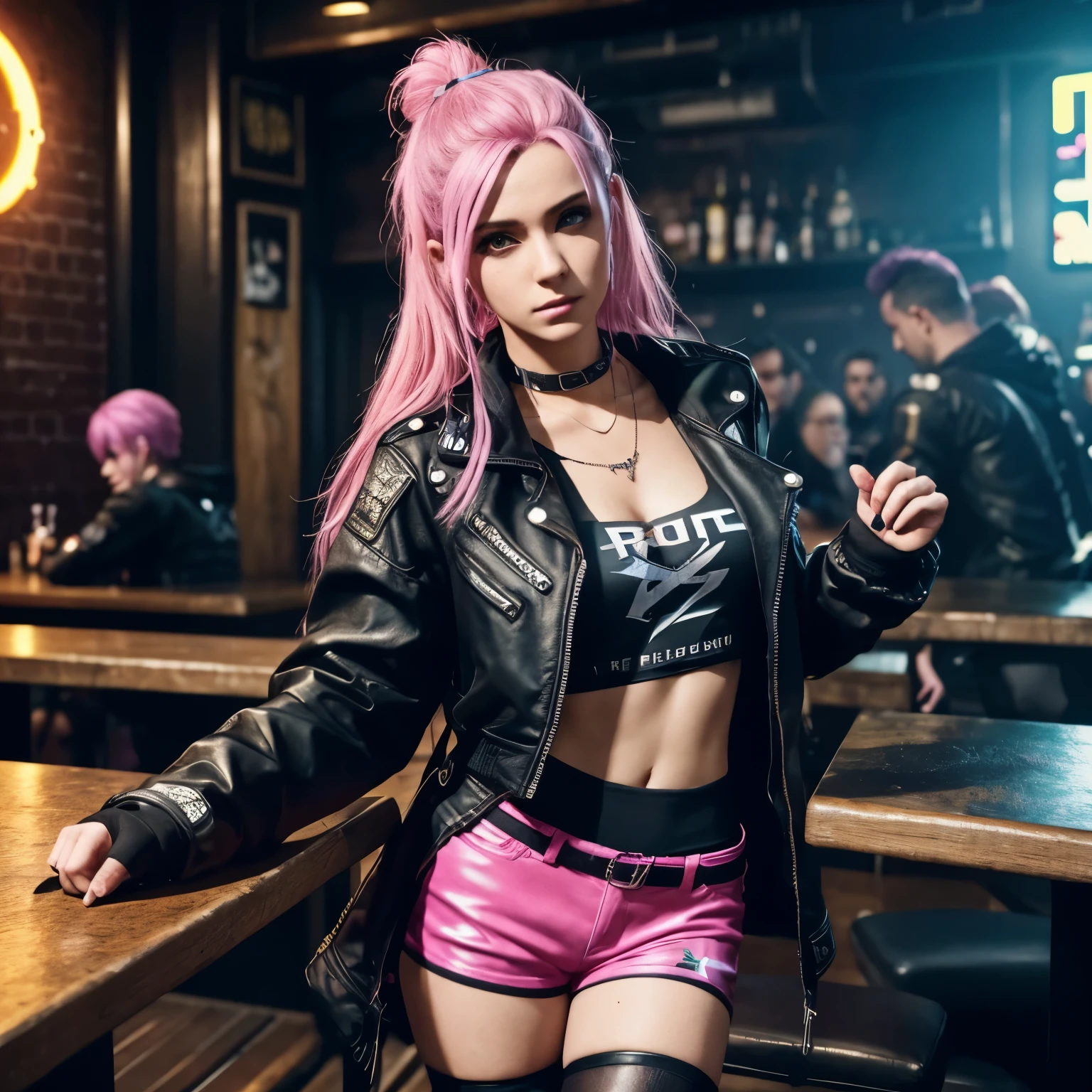arafed woman in a black top and shorts, pink hair, jacket, cyberpunk 20 y. o model girl, rave outfit, fanart. Is in a decadent and dirty pub. There is a shooting in the pub with guns. The are dead people in the floor and people who is hidding with tables