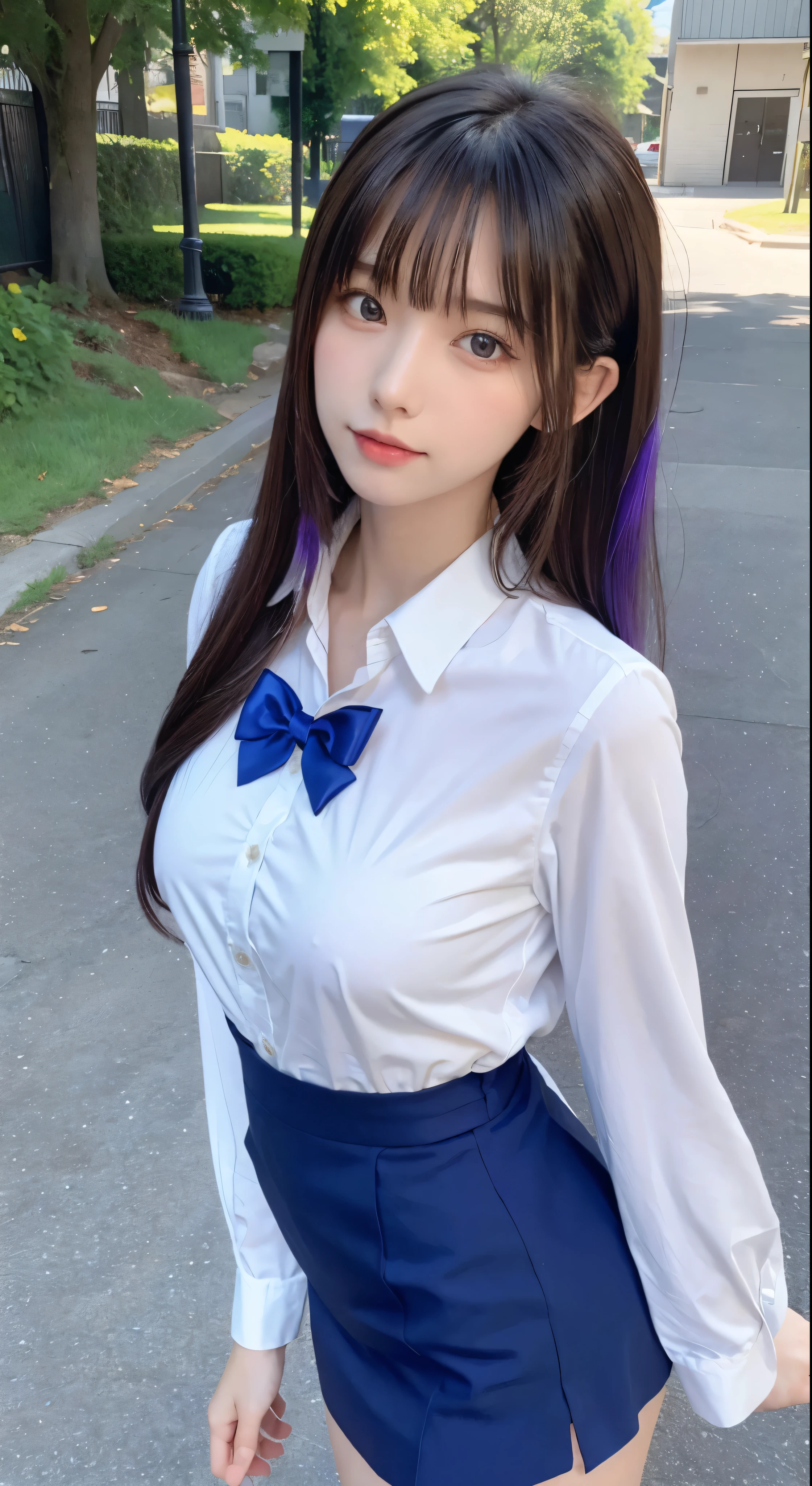 best quality, masterpiece,, Illustration, Wallpaper,1girl, solo, , white shirt, black skirt, light  hair, semi-long hair, beautiful detailed girl, extremely detailed eyes and face, beautiful detailed eyes, shy, natural_lighting, glow,, clean sky, looking at viewer, outdoors, night sky, star (sky), loafers, black pantyhose, blue bowtie, straight hair, purple petals, purple and blue flowers, red pupil, ponytail, blue ribbon,white hair, thick_thighs, large , red eyes,