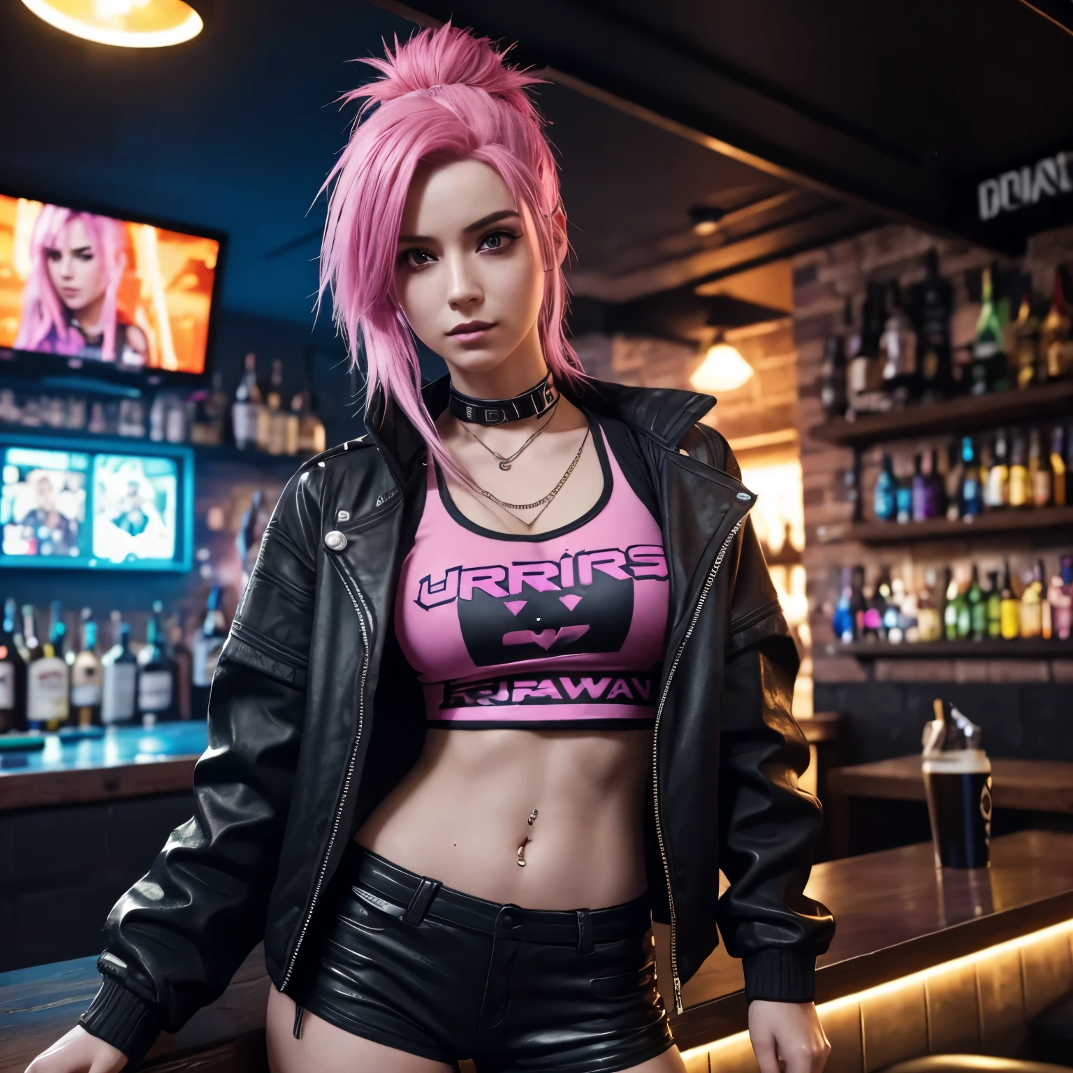 arafed woman in a black top and shorts, pink hair, jacket, cyberpunk 20 y. o model girl, rave outfit, fanart. Is in a pub. There is a shooting in the pub with guns