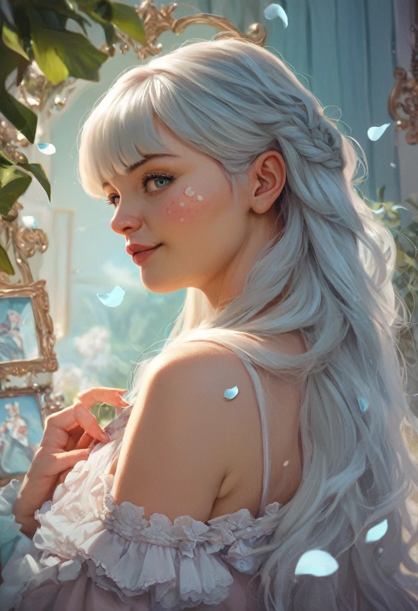 score_9, score_8_up, score_7_up, Girl's profile picture, light green long hair with bangs, light blue petals on cheeks, realistic skin texture, detailed picture, HD32k