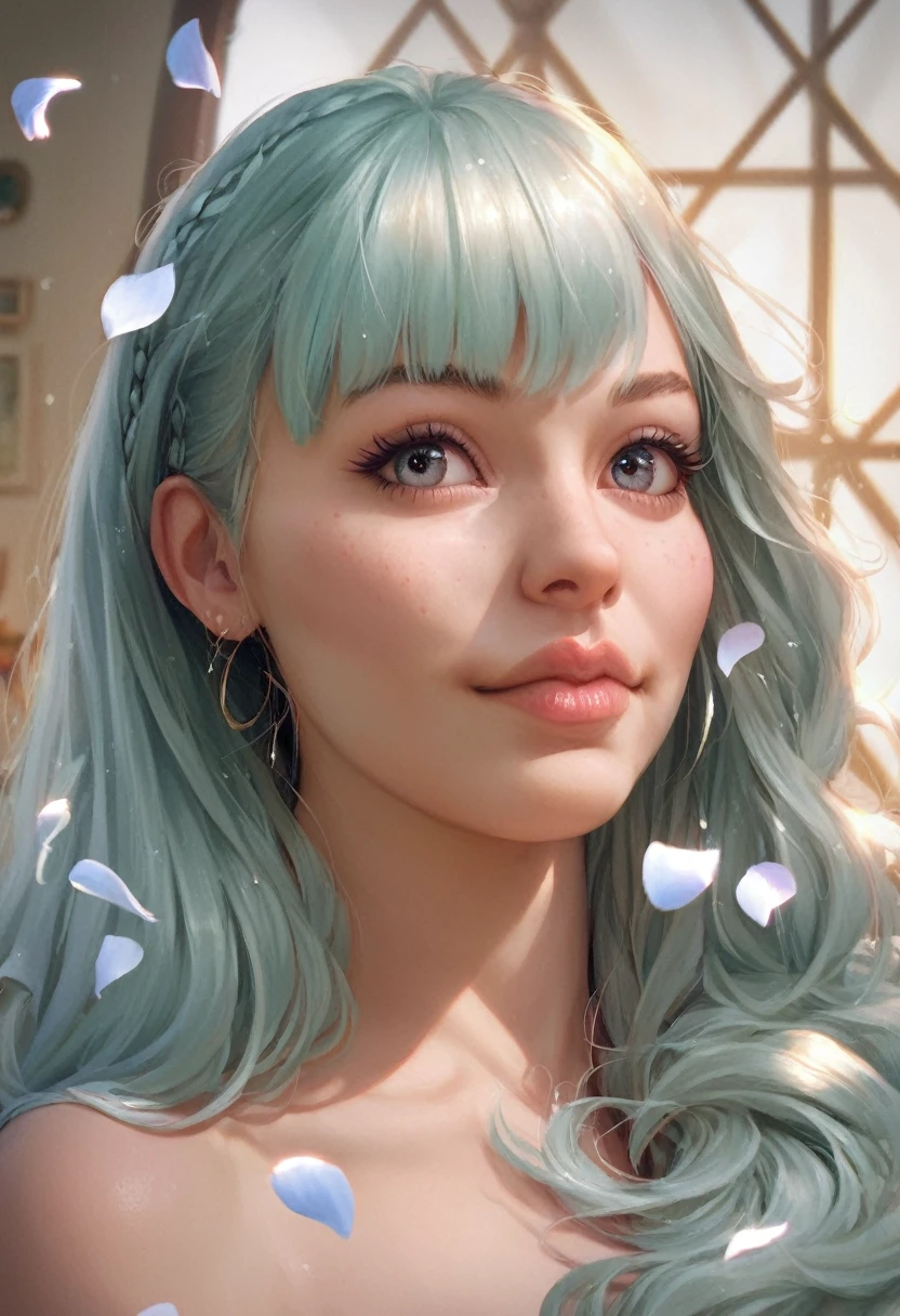 score_9, score_8_up, score_7_up, Girl's profile picture, light green long hair with bangs, light blue petals on cheeks, realistic skin texture, detailed picture, HD32k