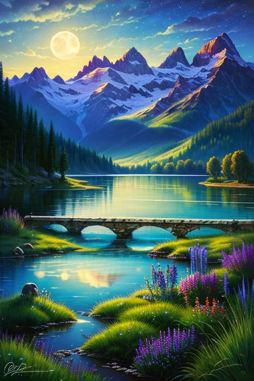 Highest quality、masterpiece、Landscape painting、Moon, Mountains and Lakes、night、Surrealism