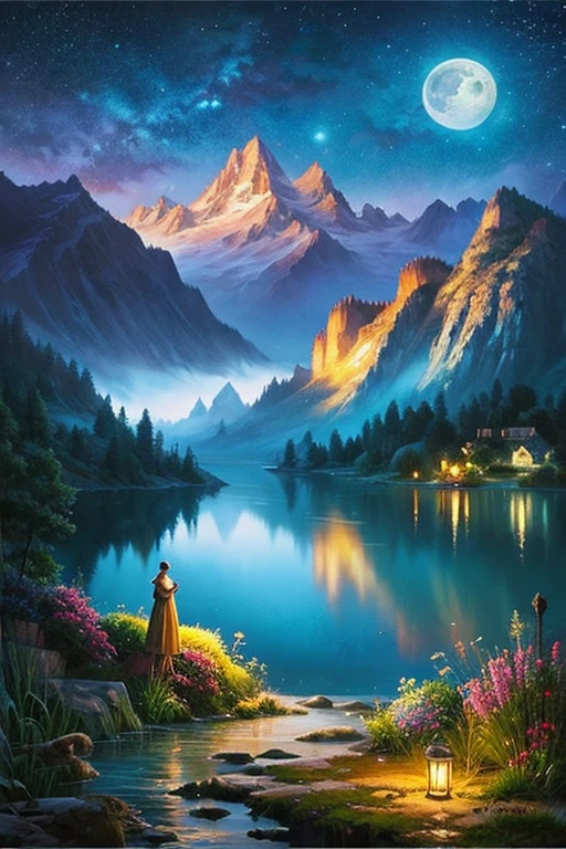 Highest quality、masterpiece、Landscape painting、Moon, Mountains and Lakes、night、Surrealism