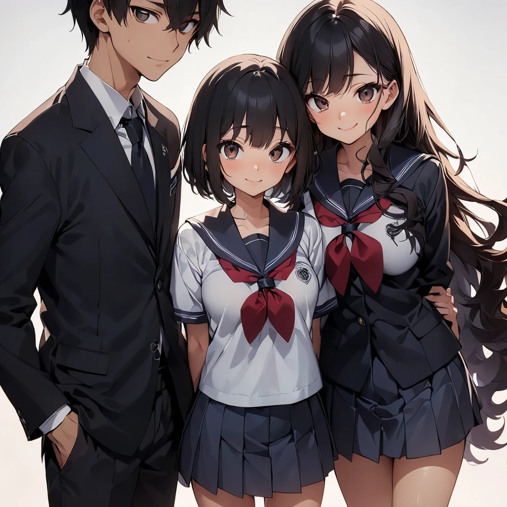 (highest quality:1.2, Very detailed, up to date, Vibrant, Ultra-high resolution, High Contrast, masterpiece:1.2, highest quality, Best aesthetics), anime, whole body, multiple people、(two girls and 1 boy:1.5), (two girls are standing on either side of the boy:1.2), (they are 22-years-old:1.5), wearing high-school uniform, (one girl on the left ((Japanese, 22-years-old, Narrow space between the eyes, Big slant eyes, tsurime:1, Small Nose, gold hair:1, Medium long wavy hair:1, very tall:1, medium Breasts, sexy, slim, school uniform) and one boy in center (Japanese, 22-years-old, tall, slim, male,black hair,brown eyes) and one girl on the right (Japanese, 22-years-old, Narrow space between the eyes, Big slant eyes, Small Nose, black Hair, short cut, bob cut, medium Breasts, slim, school uniform)), (No background:1.4), ((Plain white background:1.3)), standing side by side apart, look at viewer