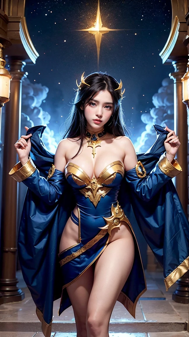 "Show Senna in her Sentinel skin from League of Legends by Riot Games,no having clothes, adorned in a bright, holy-themed outfit with golden accents and her radiant cannon, have massive k-cups, in a grand, celestial temple with shining lights and sacred symbols."
