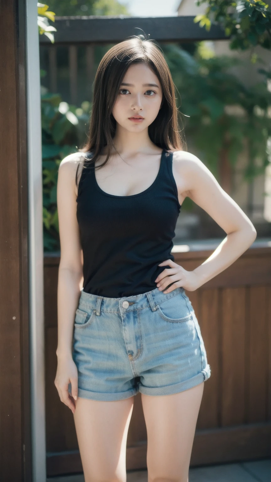 ((1girl)), woman, masterpiece, best quality, highest quality, cinematic lighting, (volumetric lighting), extremely detailed CG unity 8k wallpaper, focused, 8k wallpaper, extremely detailed, ultra realistic, photorealistic, sharp focus, absurdres, (HDR:1.2), (high contrast), photograph, detailed and intricate, instagram, portrait, highly detailed, digital painting, artstation, concept art, smooth, sharp focus, illustration, cinematic lighting, (big breast:1.2), (((skinny, super slim legs))), (japanese idol posture), (knit strap tanktop, short pants, cleavage), looking at the viewer, (I don't see arms)), ((Standing)), ((Medium body shot, hup level shot))
