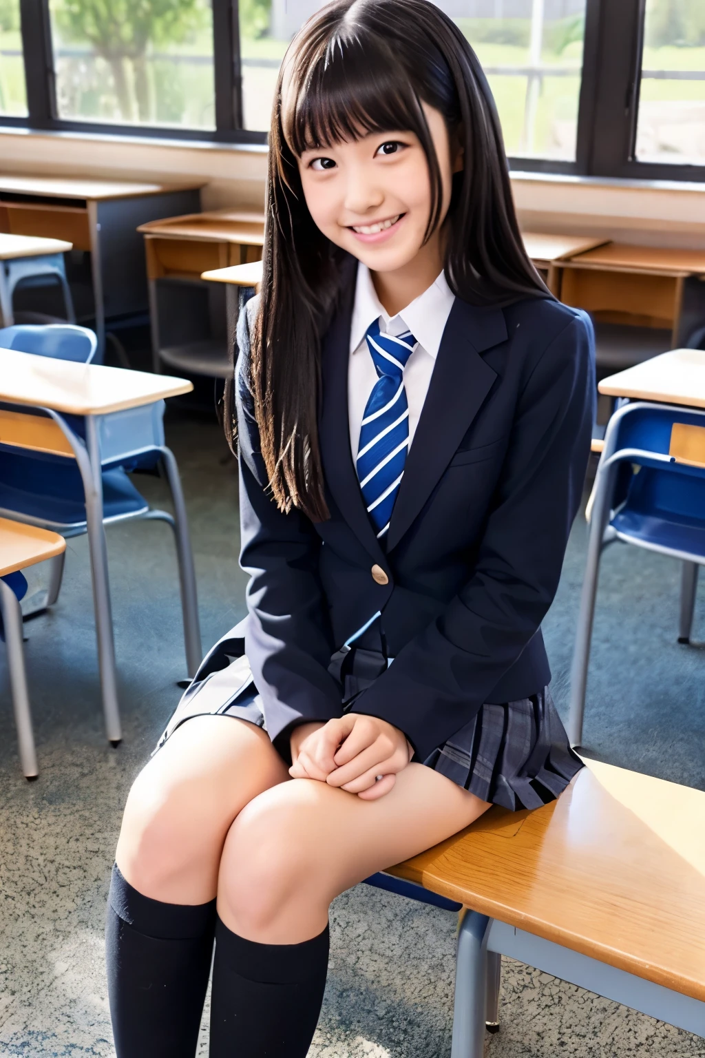 high school girl、blazer、skirt、classroom、Thighs、Knee-high socks、loafers、Long Black Hair、smile、front、whole body