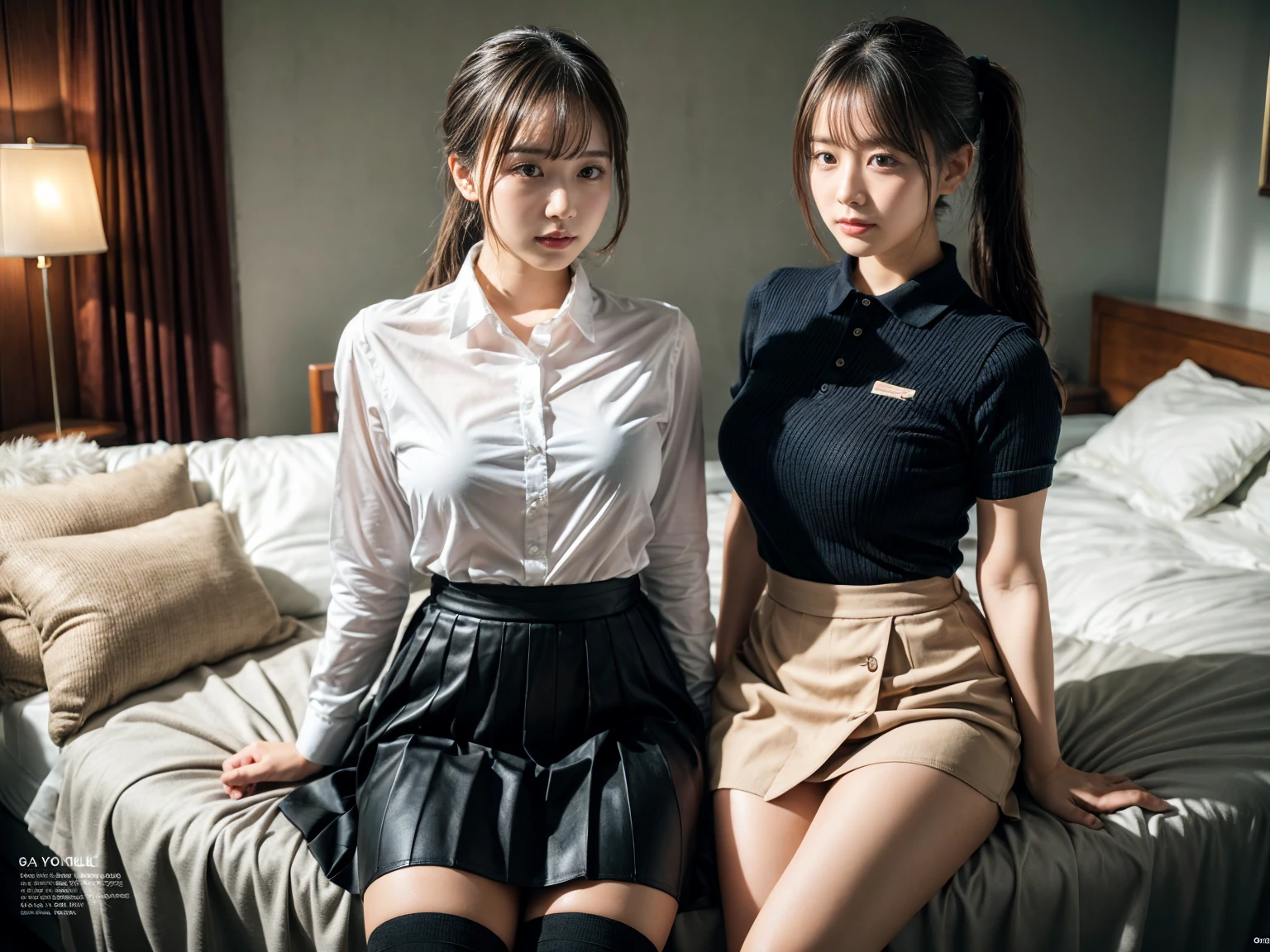 (8K, RAW Photos, Highest quality, masterpiece:1.2), (professional photography, full colors, studio-caliber color grading), (Gravure quality for high-end fashion magazines), (2 girls), BREAK,18 year old girl, (fluffy ponytail:1.2), Big Natural Color Lip, Plumpy body, (smooth skin:1.1), huge breasts,  BREAK, (collared shirt:1.1), pleated skirt, knee high socks, BREAK, hotel room, cute , lolita
