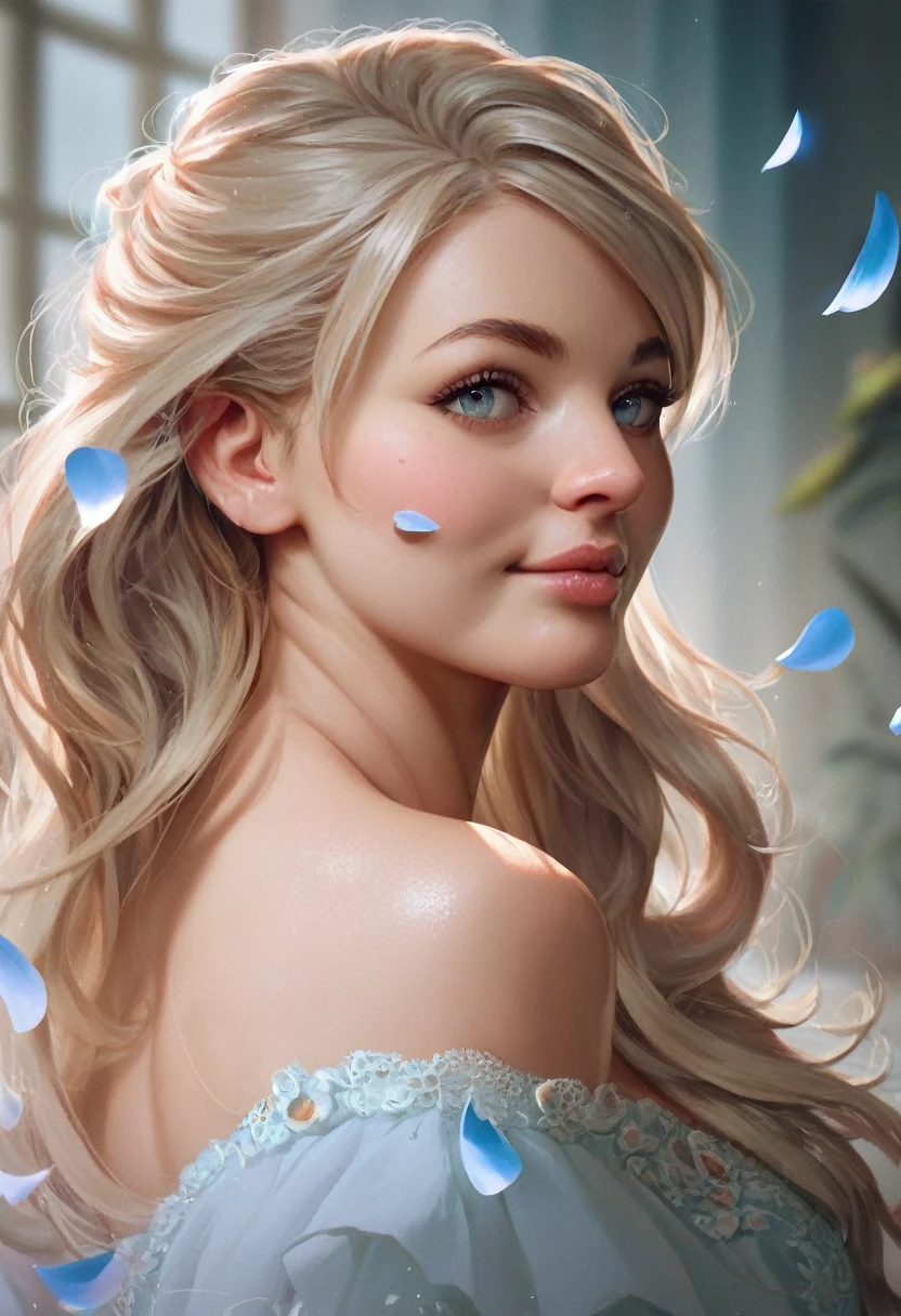 score_9, score_8_up, score_7_up, Girl's profile picture, light green long hair with bangs, light blue petals on cheeks, realistic skin texture, detailed picture, HD32k