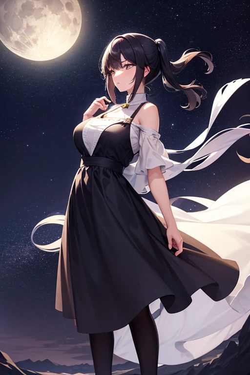 Highest quality,Big moon and shadow,A silhouette of a person can be seen against the backdrop of a large moon.,There is one full moon,There is a mood,Beautiful scenery,Starry Sky