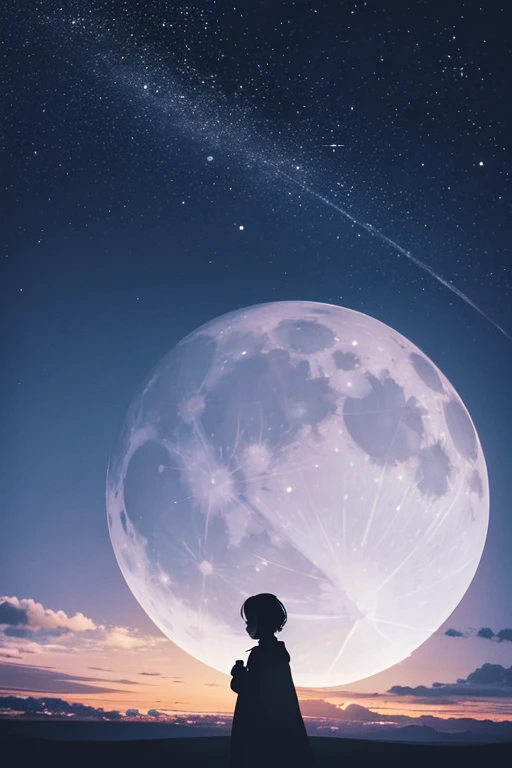 Highest quality,Big moon and shadow,A silhouette of a person can be seen against the backdrop of a large moon.,There is one full moon,There is a mood,Beautiful scenery,Starry Sky