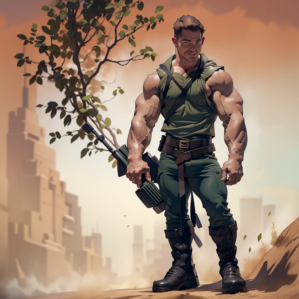 1 man, male focus solo, mature 40 yo man,(((Stephen AMELL))) as private army soldier, lean and muscled, (((shirtless showing muscles and bulge))), camouflage pants with big bulge ,brown belt , brown boots , full body shot, dark blond short hair, well groomed facial hair, smiling ,looking at the viewer, proud, holding a gun with one hand, Rambo style, macho hunk and handsome , ultra high quality, (changing blackground)