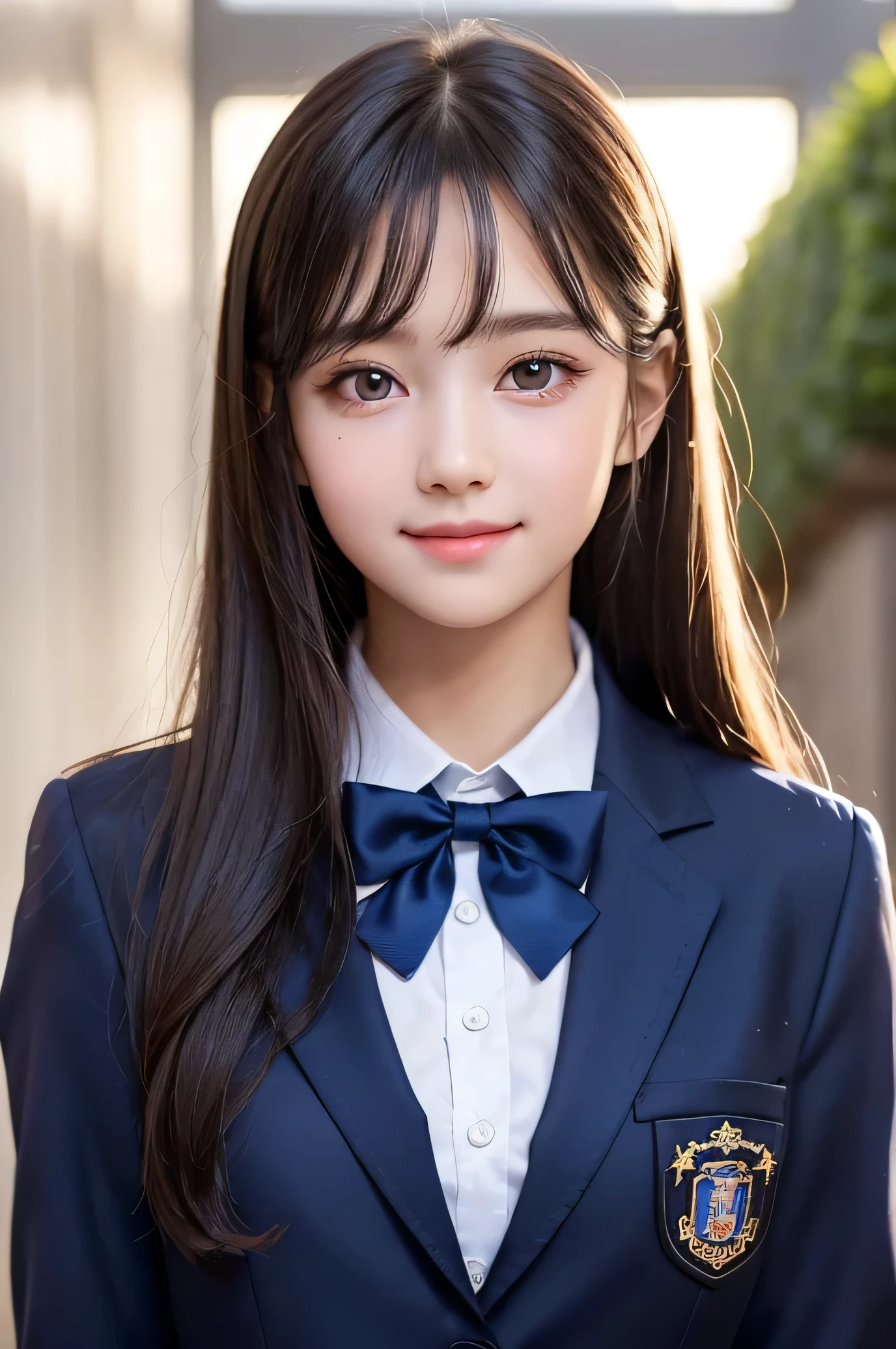 (Very beautiful cute girl), (very cute face:1.2),5 yo, (baby face),(sparking crystal clear attractive large eyes), Beautiful detailed eyes, Detailed double eyelids, (smiling), (realistic photograph:1.1), long straight hair,dark blue blazer high-school uniform,red neck bow tie