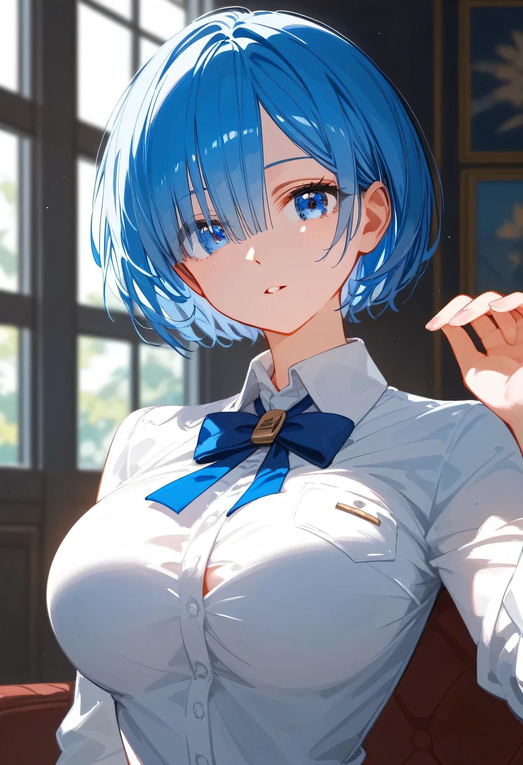 One Girl、masterpiece, Highest quality, Rem, One girl, Collared shirt、short hair、Beautiful blue ocean hair color、Short Hair, (blue eyes:1.5), Blue ribbon, ribbon, Side Lock, (Larger breasts:1.2), break looking at viewer, break indoors, break (masterpiece:1.2), highest qualthaty, High resolution, unthaty 8k wallpaper, (shape:0.8), (Beautiful and beautiful eyes:1.6), Highly detailed face, Perfect lighting, Extremely detailed CG, (Perfect hands, Perfect Anatomy)、Collapse on the bed、that&#39;Fallen、A system that allows you to see the face between your legs、Please open your mouth wide、that&#39;come、Wistful face、Haa、Embarrassing expression(1:2)、Rough breatheing、Sexy Underwear、See-through underwear、(((Legs wide open)))、sthat、Lie down in bed、White Background、White Background、Red face、blush、Embarrassing、Dynamic pose、whole body、Sweat、breathe、panic、panic