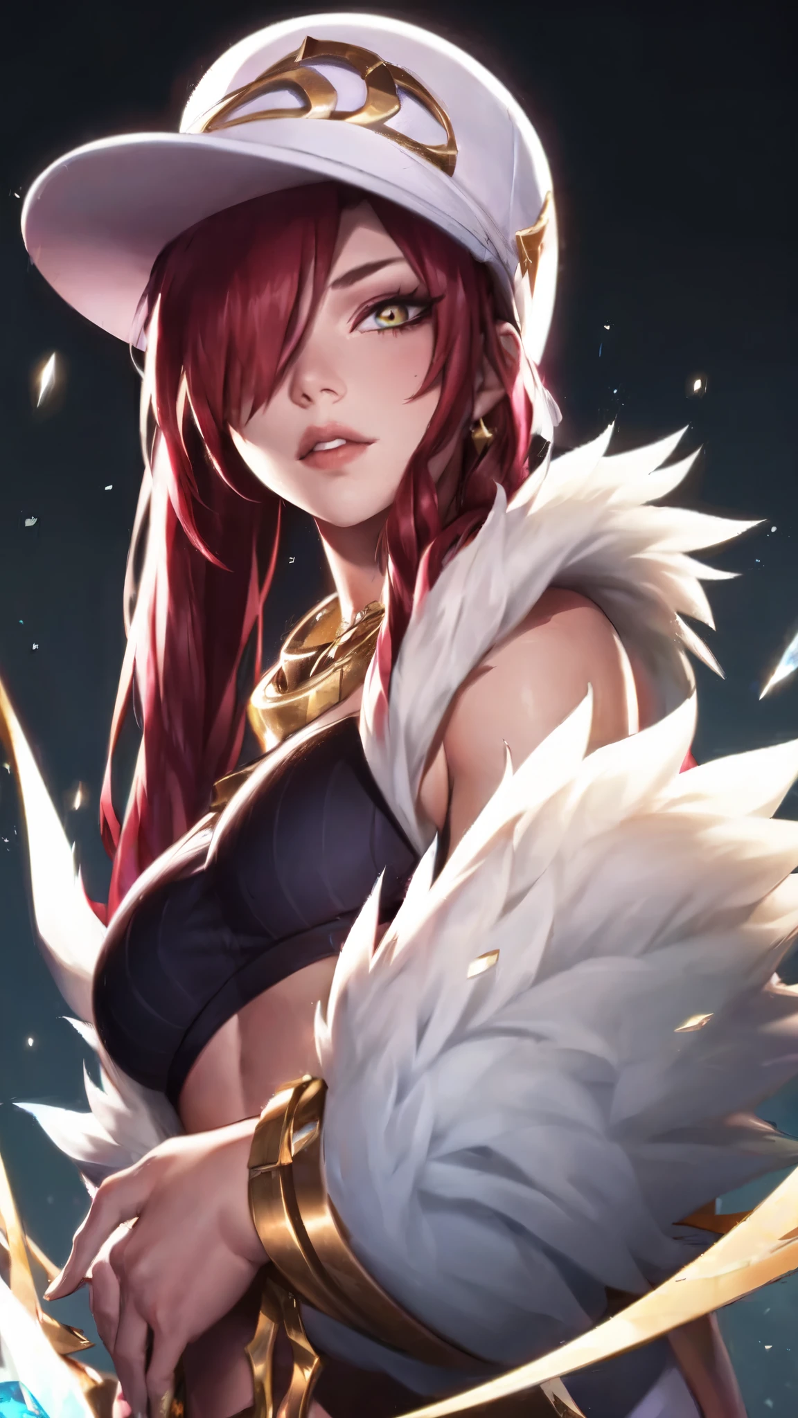 Akali kda prestige, 1 girl, standing alone, long hair, breastsout, looking ahead at viewer, jewerly, medium breastsout, Red hair, necklase, hair over one eye, lips, make up, White hat, show