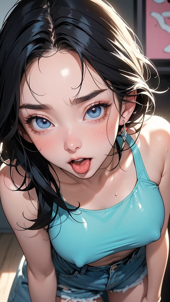 Murakami Takashi style, avant-garde pop art, (((city, standing))), amazing, best quality, vector art, stylish design, ((most beautiful girl ever)), (((best quality))), HDR, ((detailed)), ((masterpiece)), ((super detailed)), ((delicate eyes, detailed eyes, best eyes ever, beautiful eyes, big eyes, lots of sweat on face and body: 1.100, wet all over: 1.50, troubled face, open mouth and tongue out, pained expression, fanning face with one hand))(colorful two-tone hair, shiny hair, beautiful hair), (beautifully shaped breasts), ((low-necked white tank top, hot pants)), (((close-up of face, composition from knees to head)))