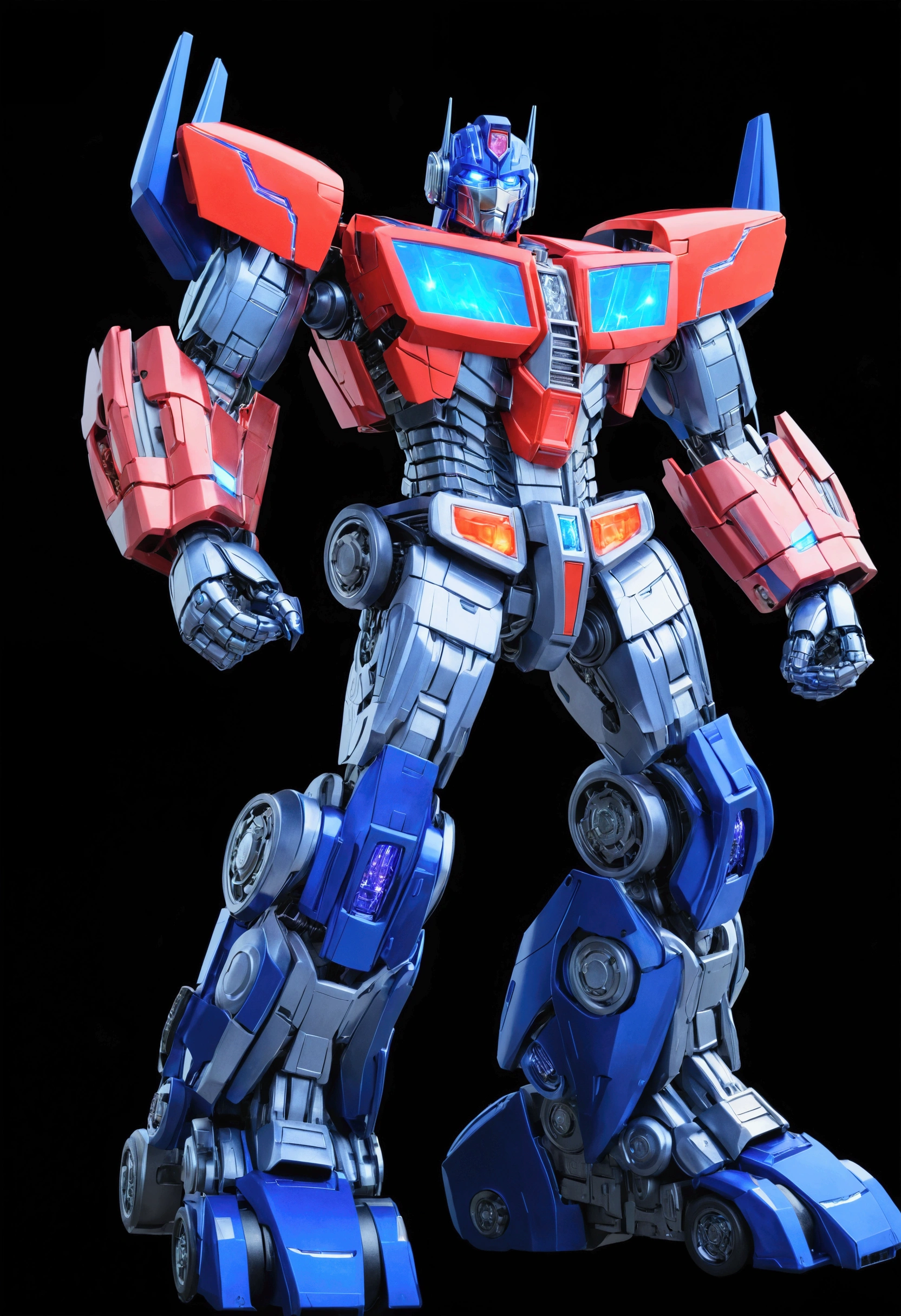 a highly detailed image of Optimus Prime, a transforming robot truck, in a dynamic action pose, intricate mechanical details, glowing blue energy, dramatic lighting, cinematic composition, photorealistic, 8k, masterpiece