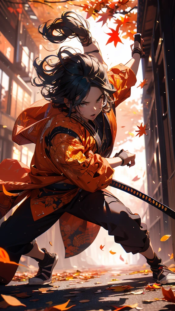 ultra-detailed samurai in traditional armor, fierce expression, powerful stance, katana in hand, Autumn Leaves Background
, vibrant colors, dynamic lighting,More Detail,