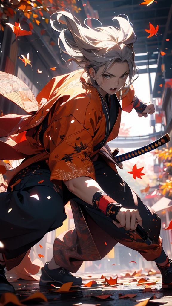 ultra-detailed samurai in traditional armor, fierce expression, powerful stance, katana in hand, Autumn Leaves Background
, vibrant colors, dynamic lighting,More Detail,