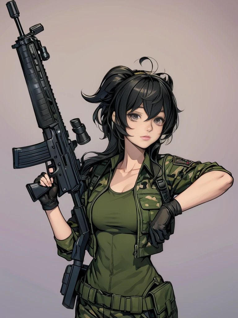 In a realistic military setting、A female warrior stands firm。Her jet black hair was tied back、Wearing a utility uniform。Because she&#39;s holding a rocket launcher、Hands covered with fingerless gloves。A rifle hangs from a shoulder holster.、The clothing has a camouflage pattern。