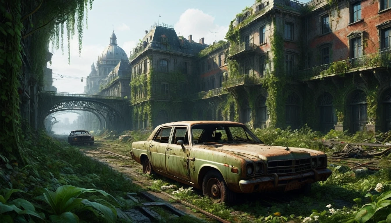 "Create a 3D animation of an abandoned metropolis (2022) in the style of Jakub Rozalski
* rusty airplane, overgrown with moss, showing signs of decay
* Intricate details, including texturing and modeling, in ultra-high quality
* Render the scene in 8K resolution (7680 x 4320 pixels) with extreme attention to detail
The metropolis should be overgrown with lush greenery, with vines and flowers, bridges covering the buildings and streets. Rusty cars should be in various states of disrepair, with visible corrosion and oxidation. Include subtle lighting and atmospheric effects to create a sense of depth and immersion.
deliver detailed, seamless, and high-quality 3D animation that meets these specifications."