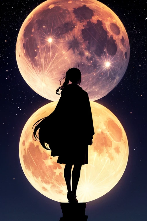 Highest quality,Big moon and shadow,A silhouette of a person can be seen against the backdrop of a large moon.,There is one full moon,There is a mood,Beautiful scenery,Starry Sky