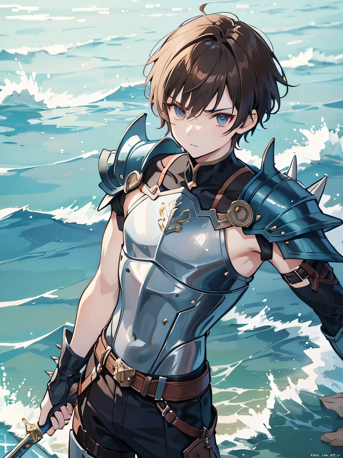 Fantasy World,Anime Style,Gender: Male, slim and muscular,Short Hair,Spiky Hair,Brown Hair,Water Kingdom Soldier,juvenile,Wearing soldier-style armor,Equipped with a longsword,Active,Mischievous,The background is the sea,I don't have feminine breasts,Armor and clothes hide the stomach and thighs,Humane,