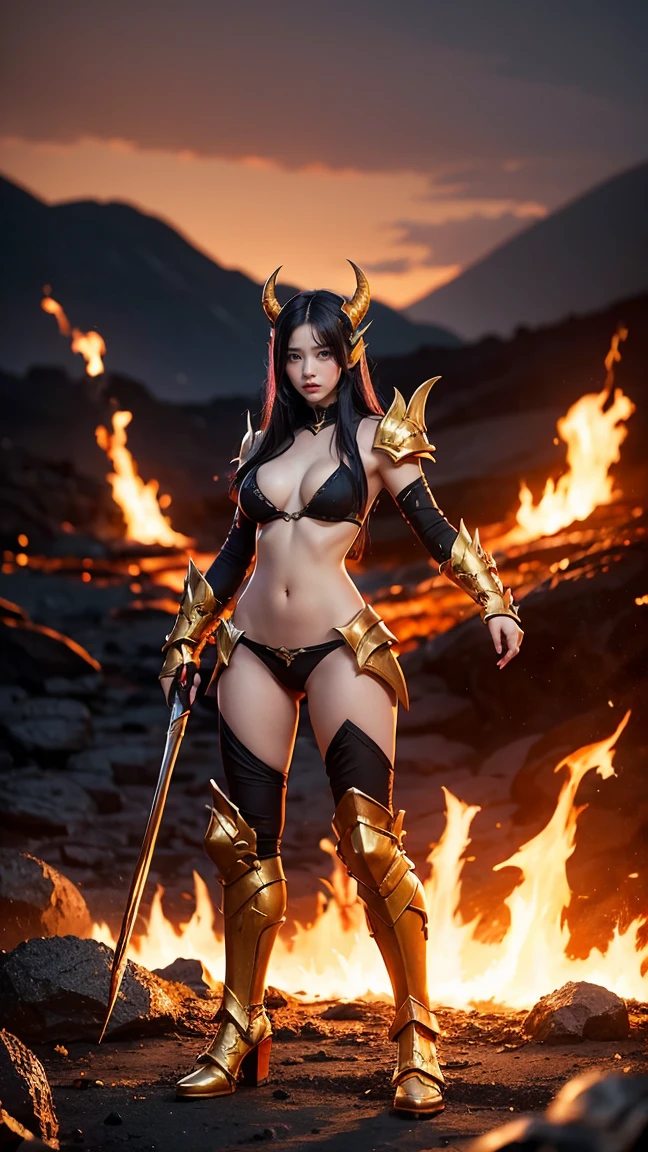 "Create an image of Shyvana in her Classic skin from League of Legends by Riot Games, no having clothes,wearing her fiery red and gold armor with dragon-like features, have massive k-cups, standing in a volcanic landscape with molten lava and towering, jagged rocks."
