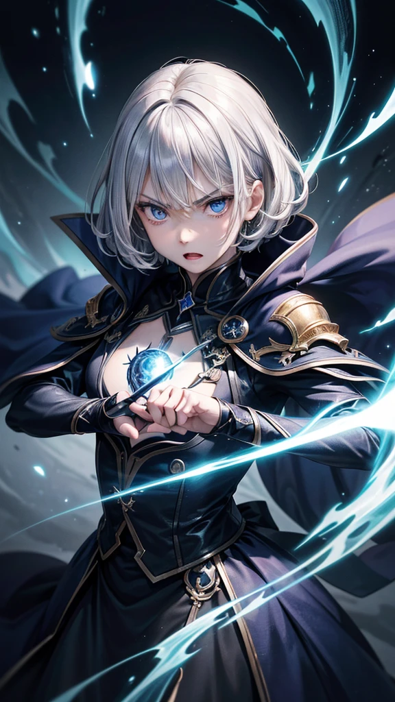 (Highest quality,Very detailed,High resolution:1.2),One adult male,Silver Hair,The most beautiful young man in human history,(1 photo from the front),Dark blue eyes (Dark blue eyes:1.1),さみし気なaura(aura:1.1),(mysterious,Ghostly:1.1) atmosphere,Looks like half a demon,(Demonic traits,Demonic traits),(Elaborate,wonderful) ,Strong Body、Shortcuts、Use magic、auraが漂う、Cape、Stocky physique、Confident expression、Very short hair、The bangs are swept to the side、Permed hair、Sharp eyes、Angry expression、Has a glowing blue fireball、Emits a flash of light from the body、Are standing､((Very angry))