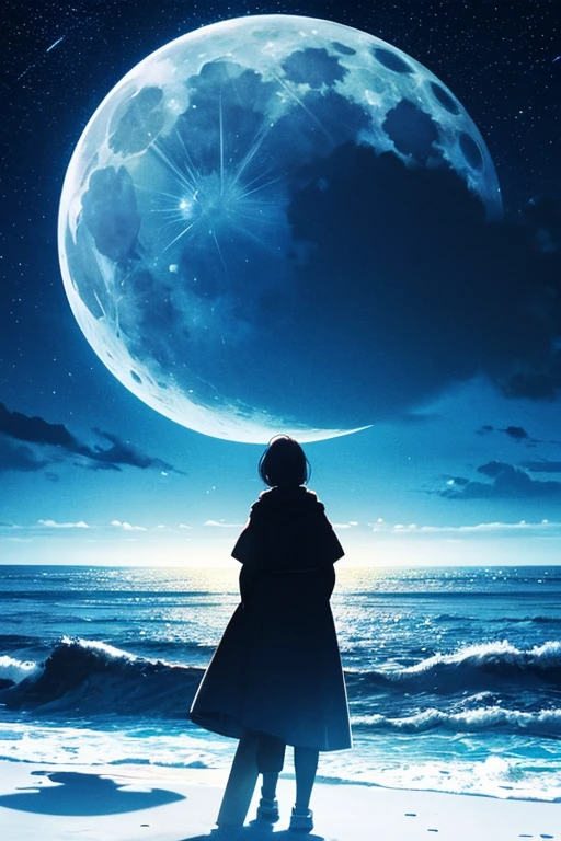 Highest quality,Big moon and shadow,A silhouette of a person can be seen against the backdrop of a large moon.,There is one full moon,There is a mood,Beautiful scenery,Starry Sky