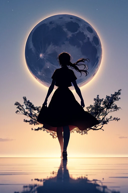 Highest quality,Big moon and shadow,A silhouette of a person can be seen against the backdrop of a large moon.,There is one full moon,There is a mood,Beautiful scenery,Starry Sky