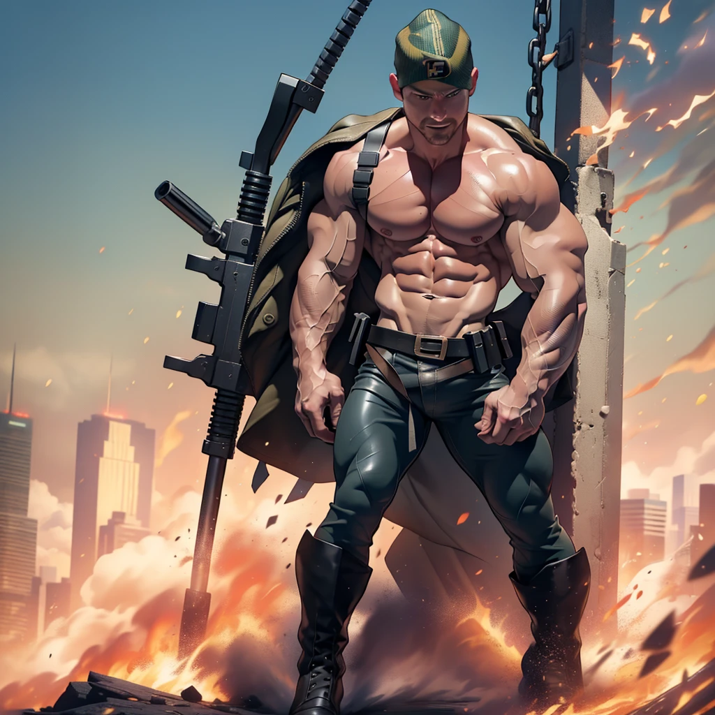 nsfw ,totally naked man, male focus solo, mature 40 yo man,(((Stephen AMELL))) as private army soldier, lean and muscled, totally naked ,brown belt , brown boots , full body shot, dark blond short hair, well groomed facial hair, smiling ,looking at the viewer, proud, holding a gun with one hand, Rambo style, macho hunk and handsome , ultra high quality, (changing background)