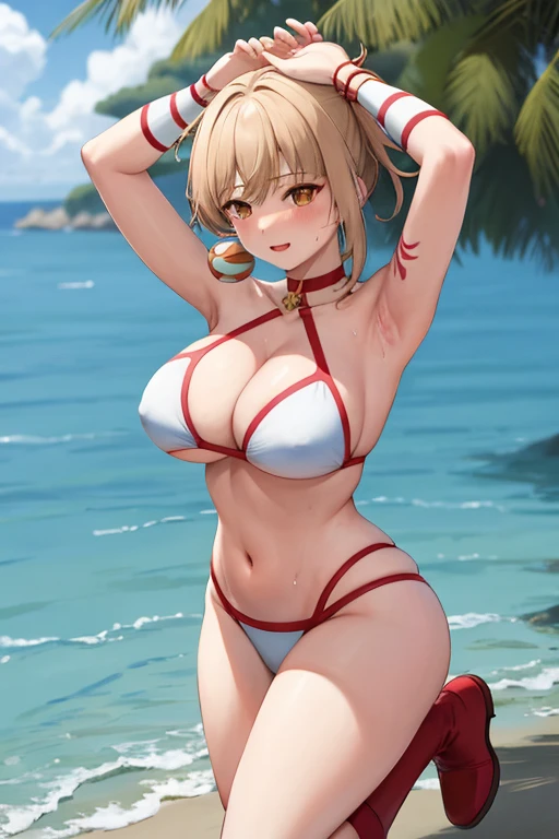 masterpiece, best quality, beautiful art, high resolution, well formed hands, body and fingers, 1 woman, solo, Yoimiya, full body picture, grown up, adult, large and rounded breasted, cleavage, hair ornament, wearing a Tyris Flare outfit , white_bikini, full body, sexy and skimpy bikini, gorgeous hips, legs and thighs bouncing breasts, red boots,fighting in a combat match, showing her fighting skills, making her guard, about to hit the viewer, looking at the viewer, sweating, bouncing breasts, smiling joyfully and brightly, being confident and proud, action and fighting scene, fighting cage on beach environment.