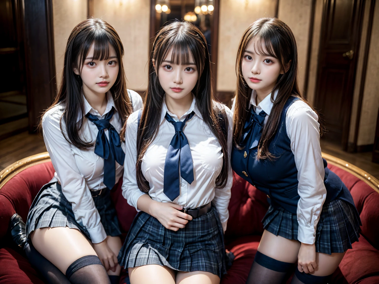 (8K, Raw photography, top-quality, masterpiece:1.2), master piece, best quality, illustration, Super detailed, fine details, High resolution, 8K,wall paper, perfect dynamic composition,(Details High quality, realistic depiction of eyes:1.3), ((2 girls, 2 schoolgirls)), The background is a luxury hotel room、High school girl uniform、blazer 、Super Short Check Uniform Skirt、Navy blue high socks、garterbelts、Colossal tits、Disturbed uniform, Play with each other,Touching each other's bodies,Touching the body of the girl next door, short bob hair, black hair color, huge breasts, Big Natural Color Lip, bold sexy pose, (perfect body shape), crying a little、cold gaze, Beautiful makeup,glitter makeup,Cutest 18 years old, beautiful legs, hposing Gravure Idol, Voluptuous thighs
