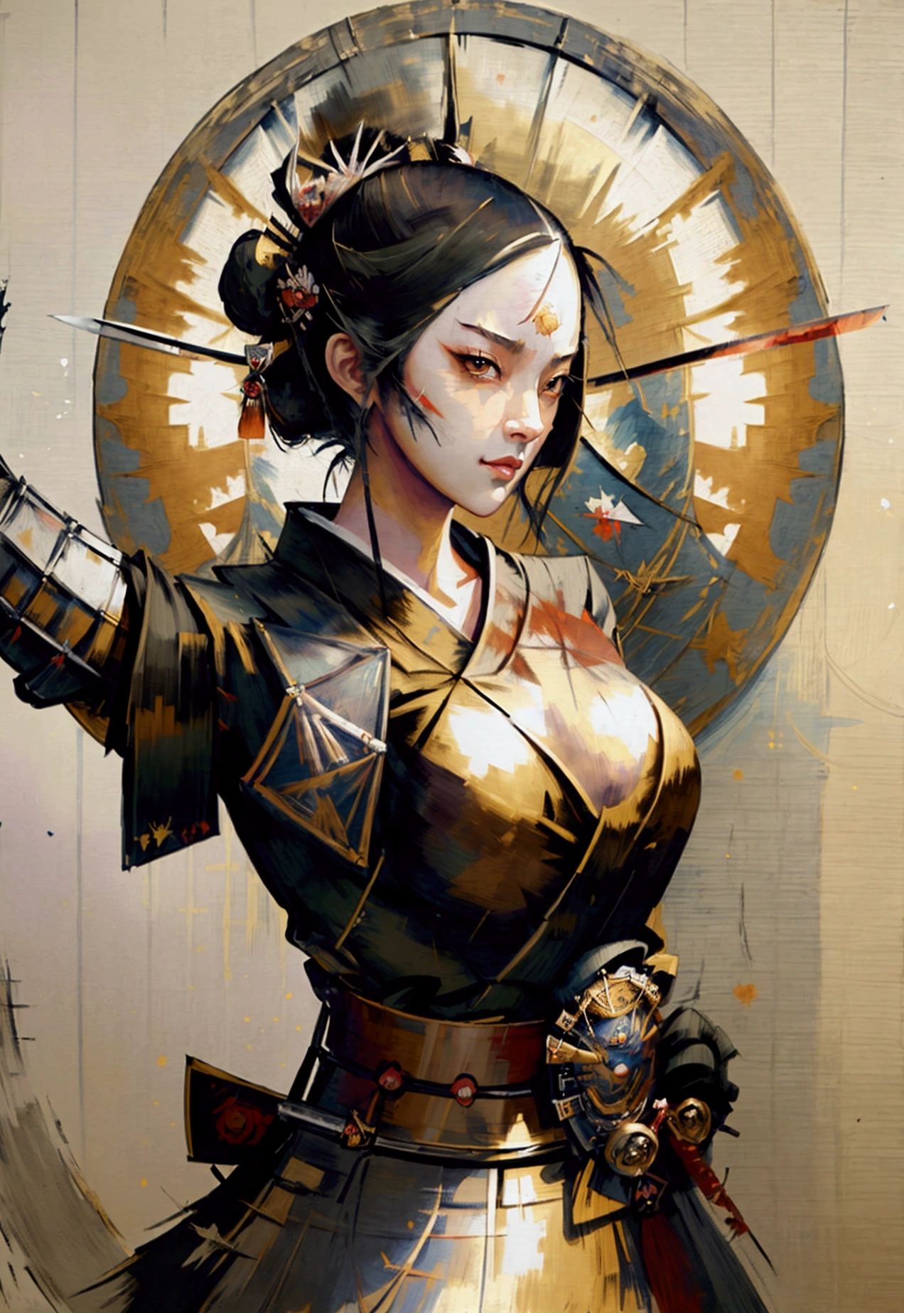 Smirk, playful,quircky,smile,a picture of Japanese female samurai, she has long black hair, wearing samurai armor, armed with a katana, ready for battle, dynamic angle,, Japanese fantasy art, (Masterpiece: 1.5), 16k, highres, best quality, high details, ultra detailed, masterpiece, best quality, (extremely detailed), arafed, dnd art, JapaneseKatana, wtrcolor style