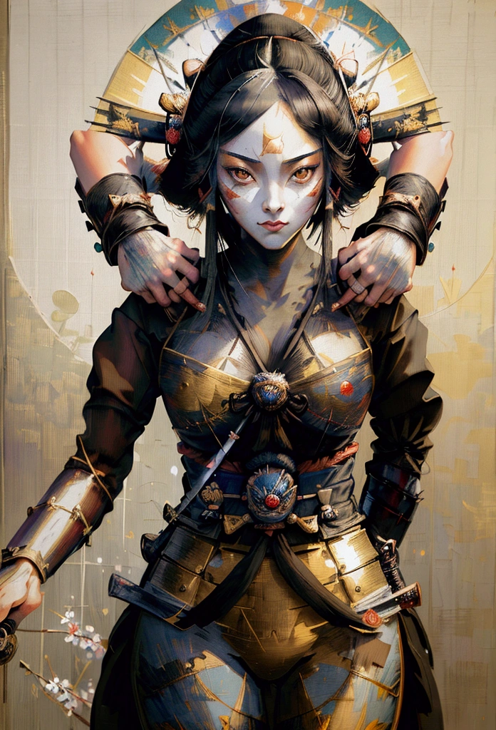 Smirk, playful,quircky,smile,a picture of Japanese female samurai, she has long black hair, wearing samurai armor, armed with a katana, ready for battle, dynamic angle,, Japanese fantasy art, (Masterpiece: 1.5), 16k, highres, best quality, high details, ultra detailed, masterpiece, best quality, (extremely detailed), arafed, dnd art, JapaneseKatana, wtrcolor style