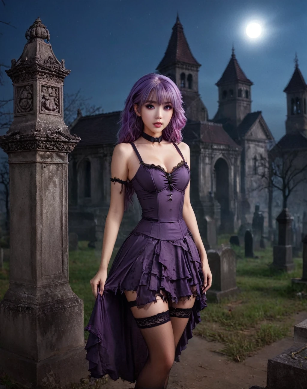 Curvaceous but slender、、Spookyness MAX、In、(top-quality、hight resolution、8k、masterpiece:1.2)。Purple hair, torn skirt, ripped clothes,Under the moonlight、From the center of a sandy cemetery lined with old tombstones、Elegant tattered dress flutters in the wind、Damaged hair swaying in the darkness、、Bats are flying around。