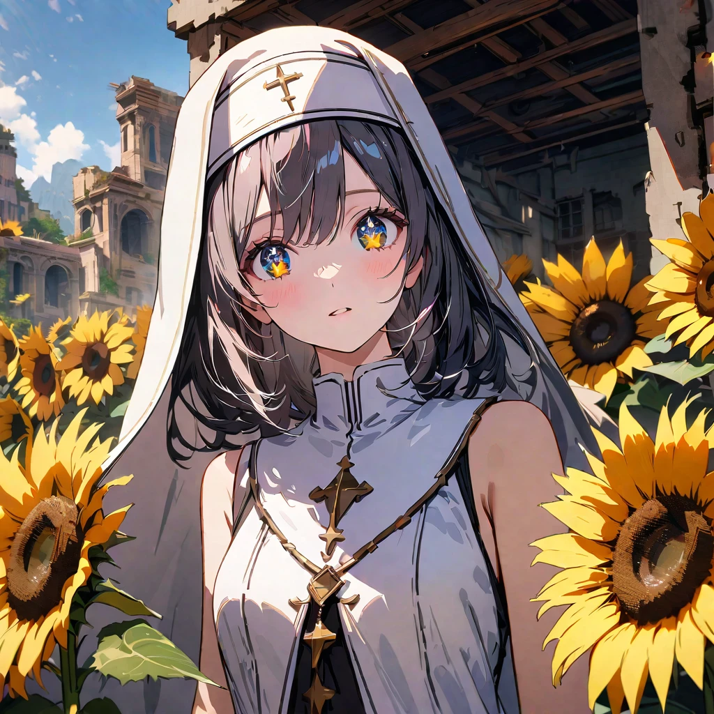 Nun in sleeveless robes, Summer ruins, Sunflowers, Face up, 4k, UHD, Detailed background, Detailed depiction, Ultra quality, Detailed background, Beautiful face, Sparkling eyes,